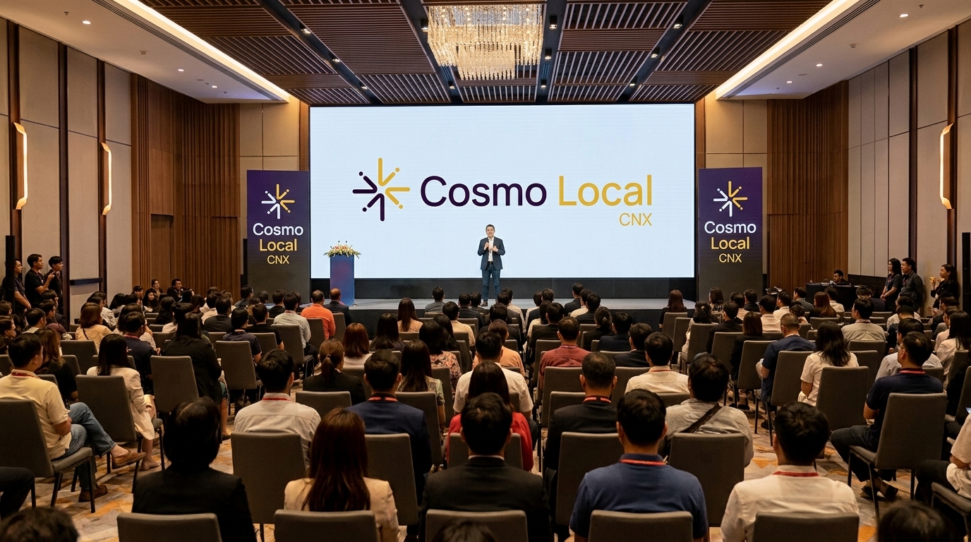A speaker on stage at CosmoLocal CNX Main Week in front of an audience