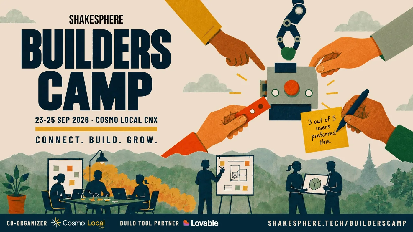 ShakeSphere Builders Camp, 23 to 25 Sept 2026 at Cosmo Local CNX. Connect. Build. Grow. Co-organizer Cosmo Local CNX, build tool partner Lovable.
