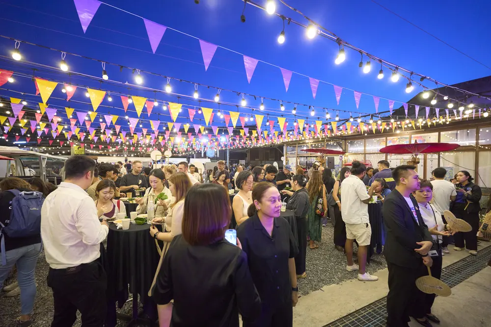 The opening night market under the bunting
